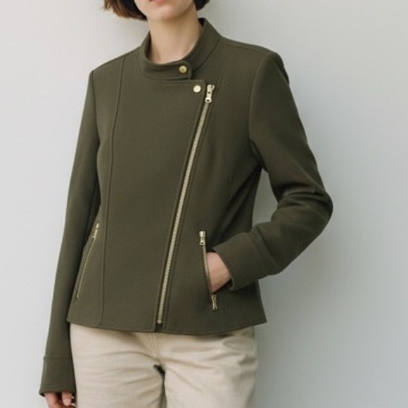 Ann Taylor Olive Green Moto Flounce Asymmetrical Zip Up Jacket Size 14